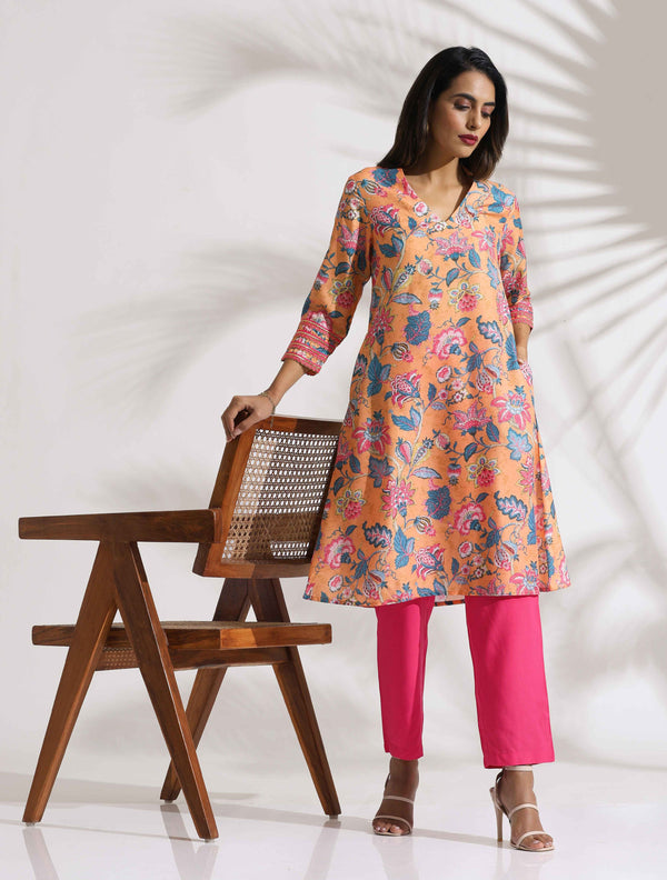 trueBrowns Orange Print Kurta Co-ord Set