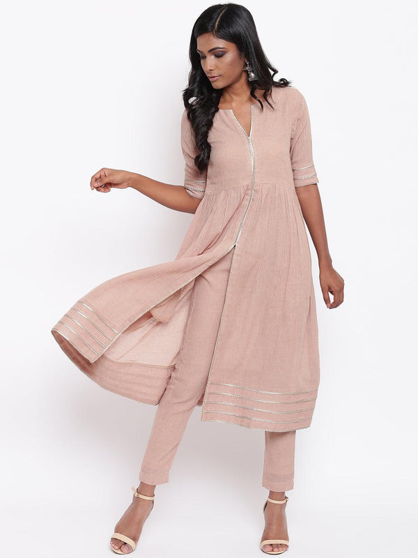 Pure Cotton Beige Gota Slit Kurta Set - trueBrowns