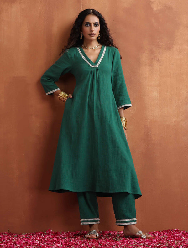 trueBrowns Green Cotton A-line Kurta Set