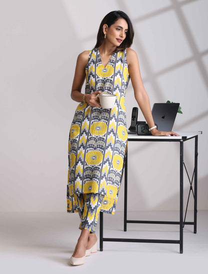 trueBrowns Yellow Cotton Ikat Sleeveless Kurta Pant Set