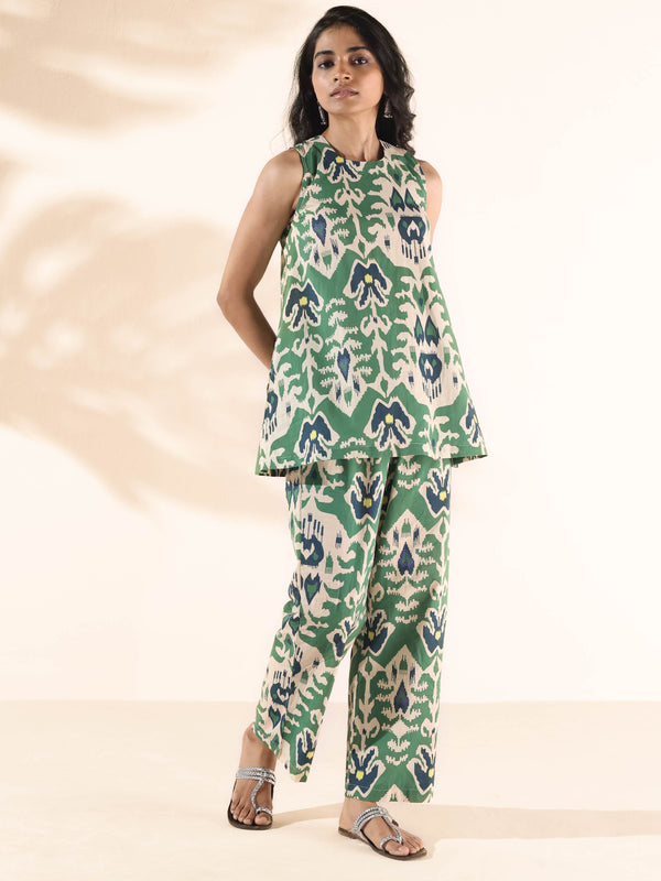 trueBrowns Green Cotton Ikat Sleeveless Co-ord Set