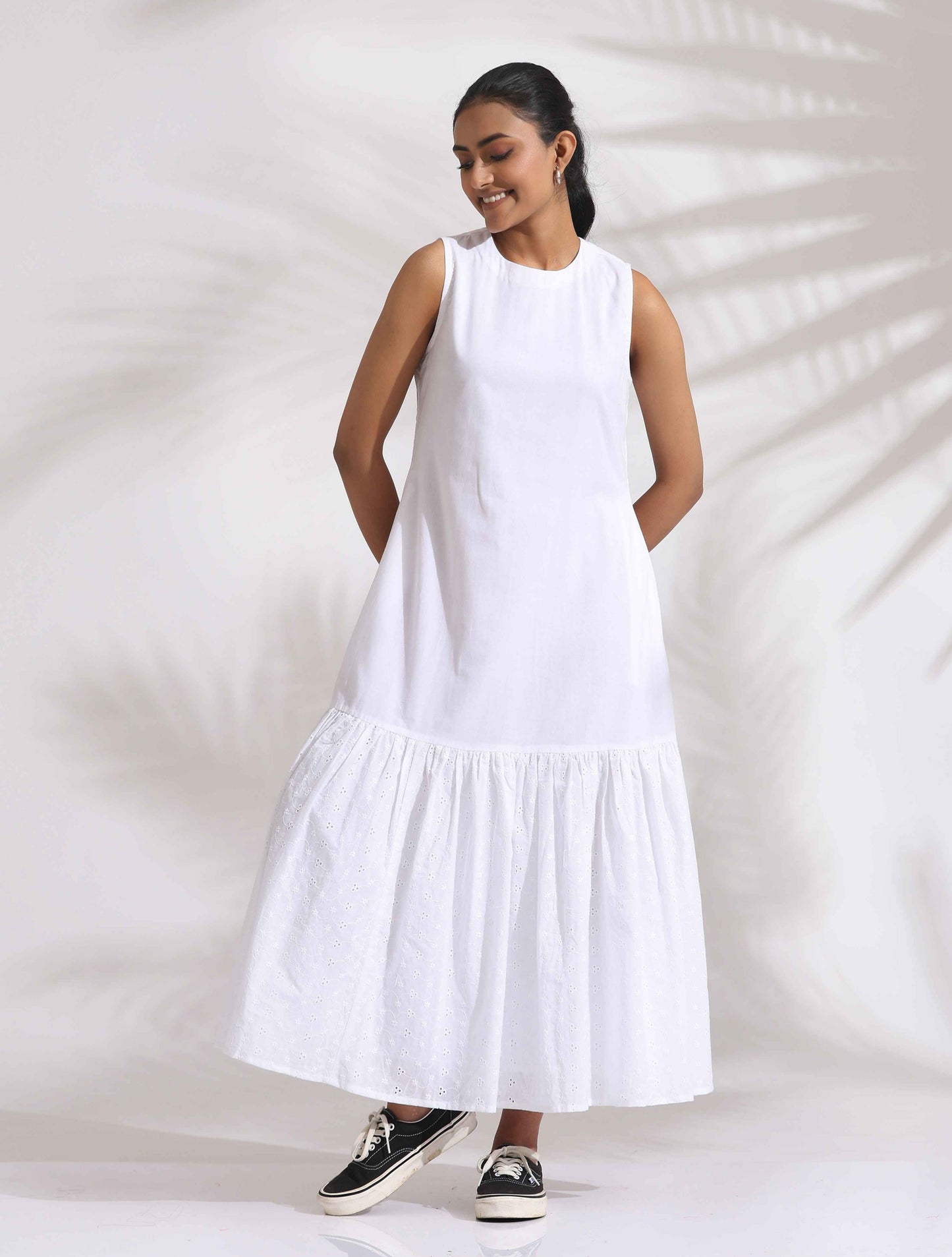 trueBrowns White Cotton Schiffli Tier Dress