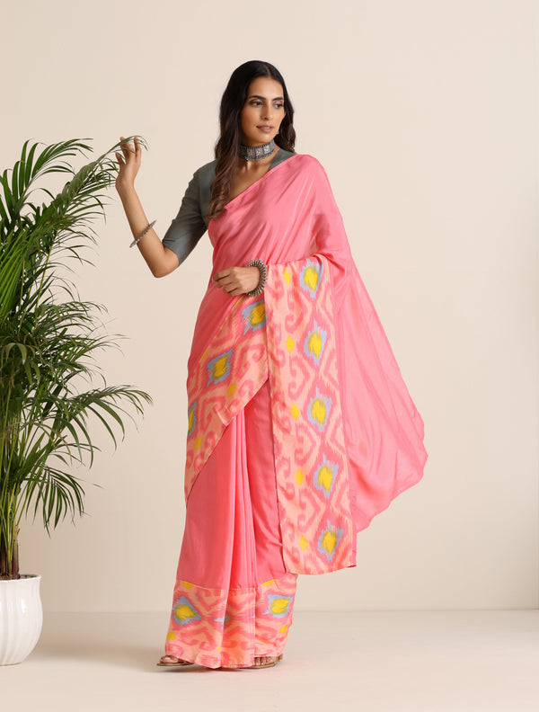 trueBrowns Pink Lime Muslin Ikat Ready to Wear Saree