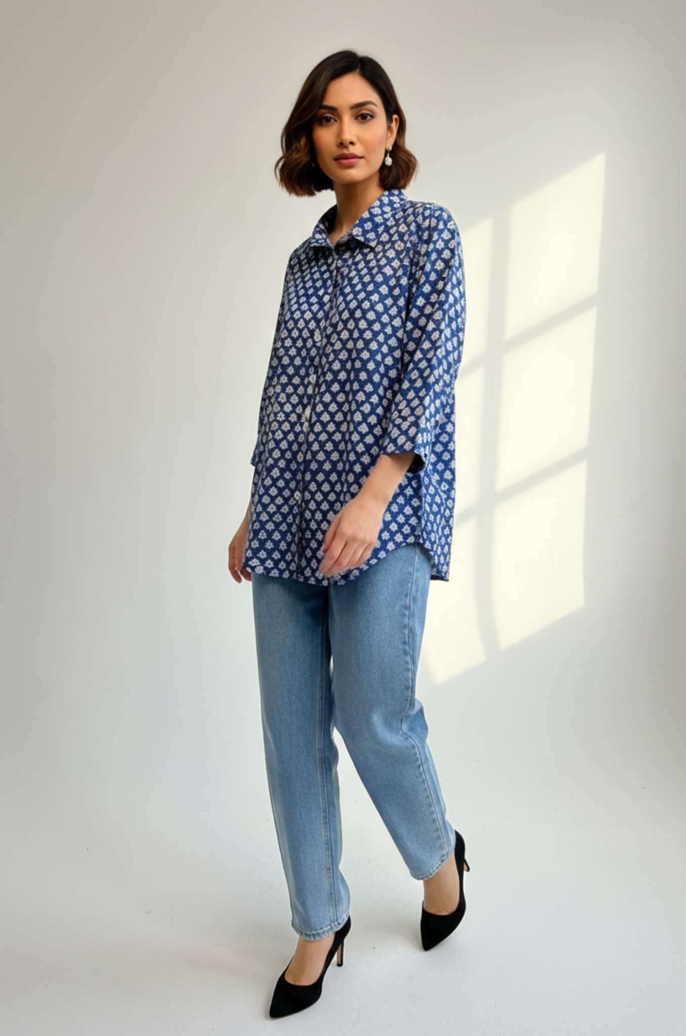 Maati  Blue Meadow Handblock Printed  Everyday Cotton Shirt