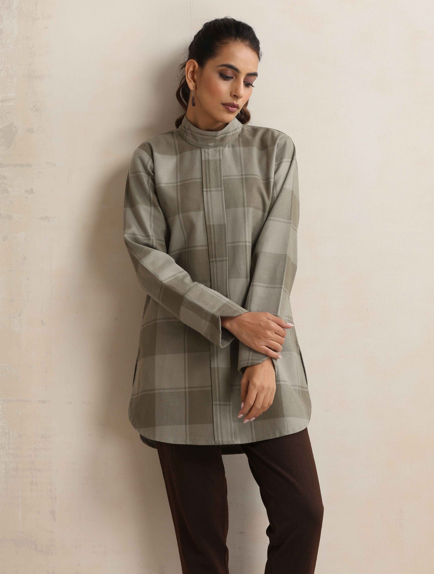 trueBrowns Green Check High Neck Winter Top