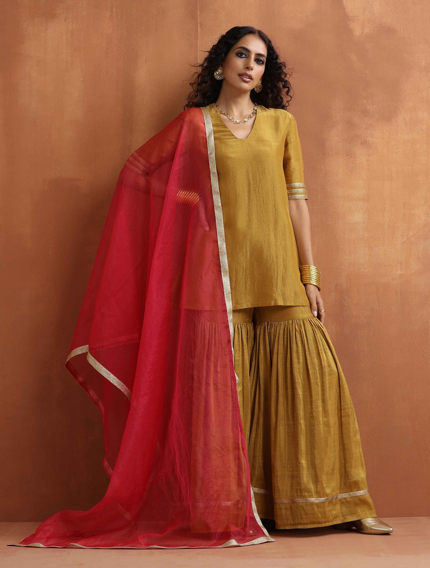 trueBrowns Gold Tissue Sharara Dupatta Set