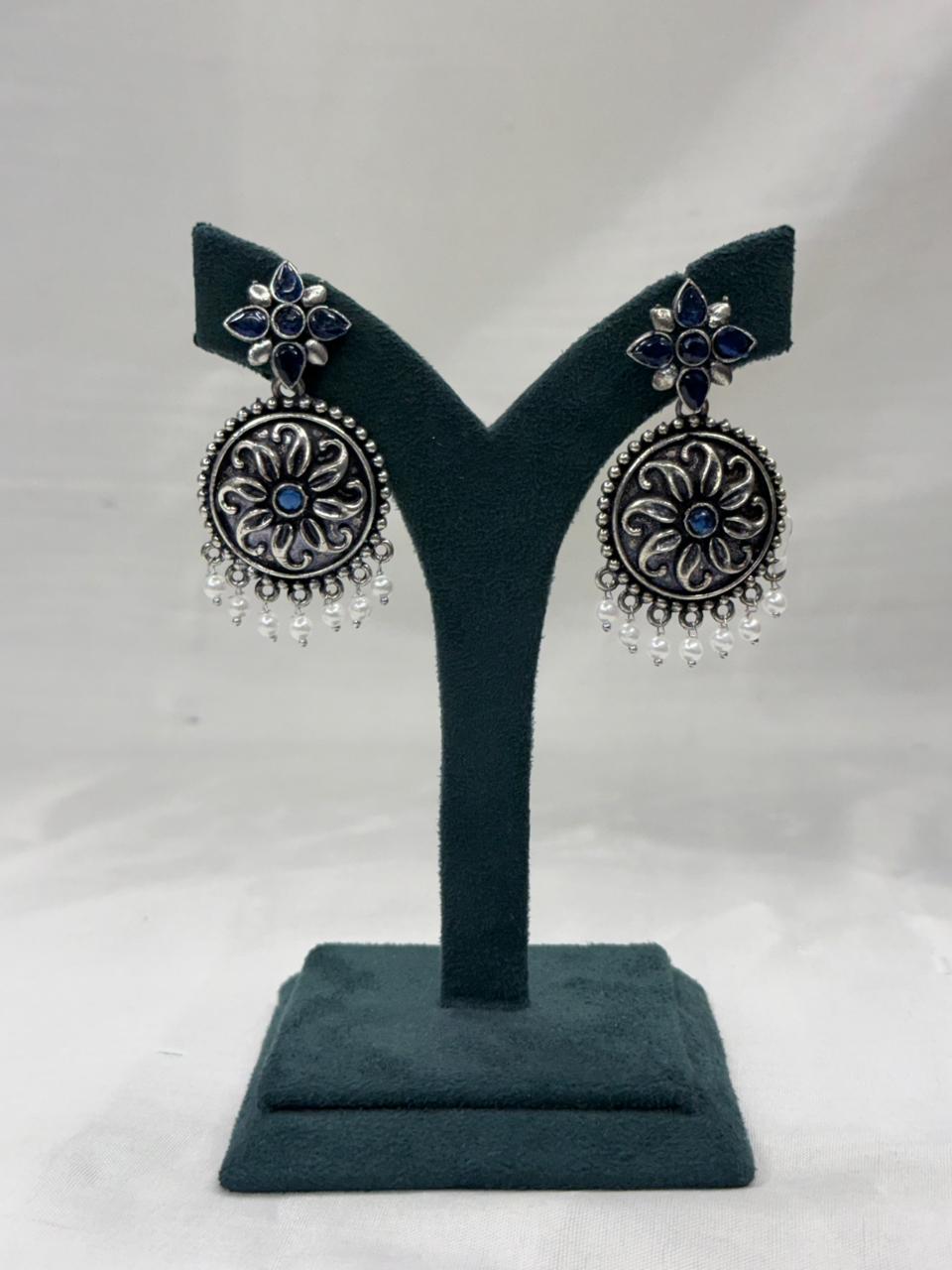 Oxidized Metal Blue Floral Drop Earrings with Pearl Dangles