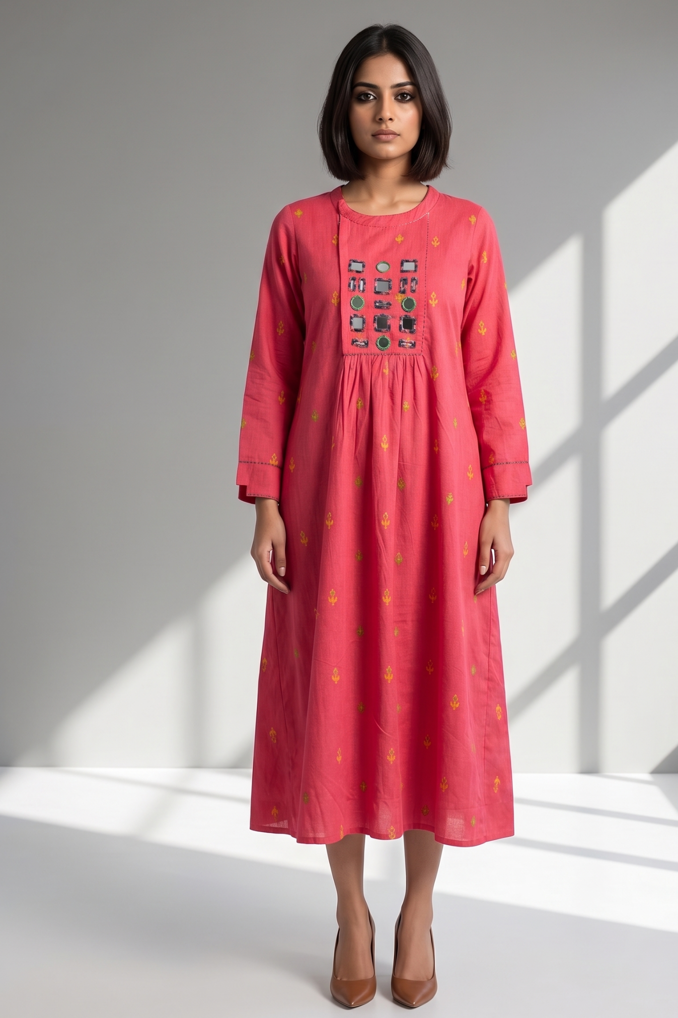 Pink Jewel Butti Zen Yoke Gather Cotton Kurta Top