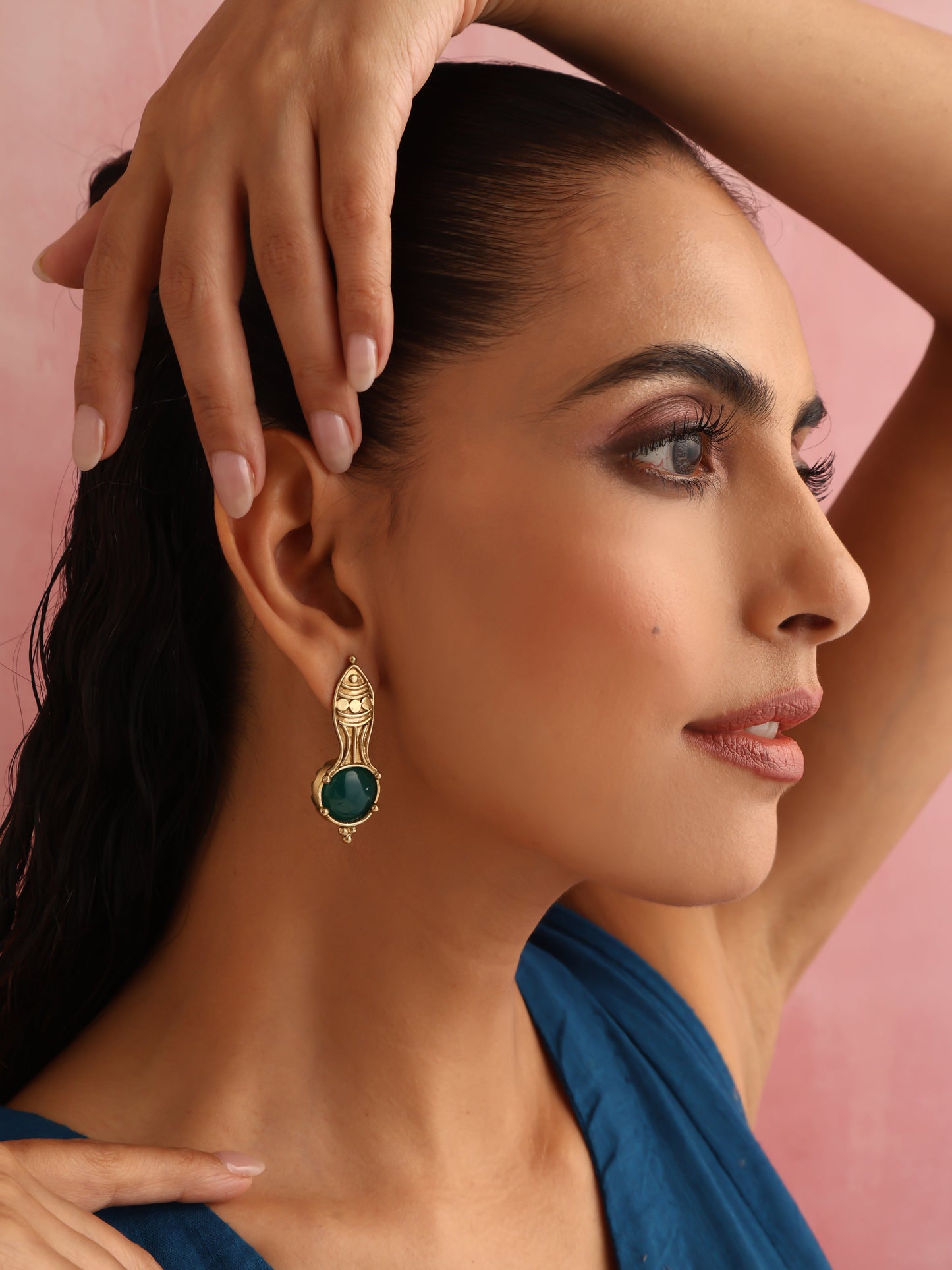 trueBrowns Brass Green Stone Abstract Earrings