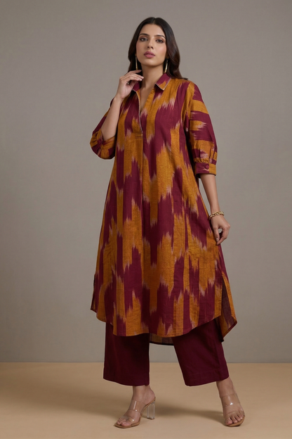 Burnt Sienna Gold Ikat Cotton Collar Box Pleat Kurta Top Mc