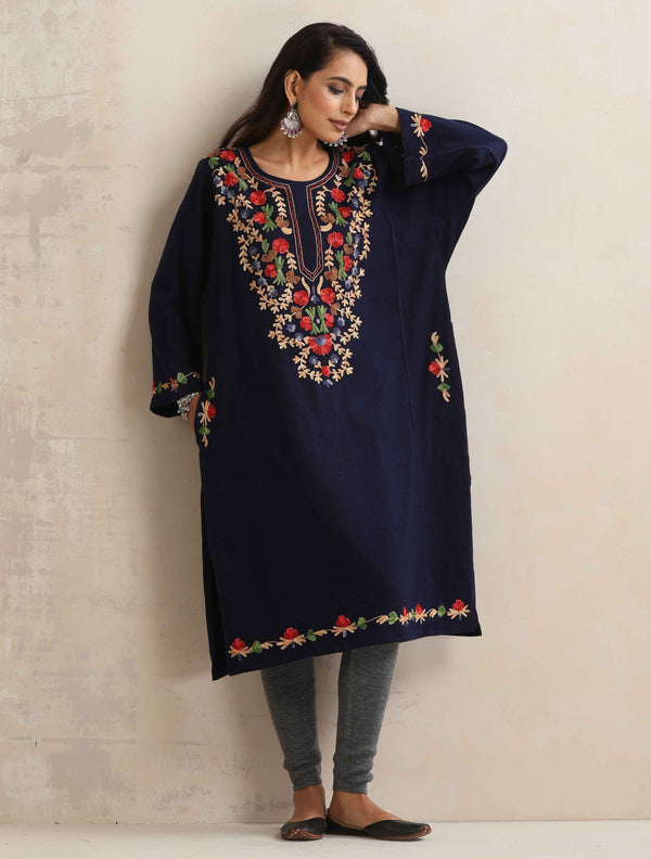 trueBrowns Blue Kashmiri Embroidered Woollen Phiran Kurta