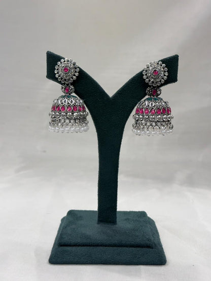 Oxidised Silver Polki & Pink Stone Jhumka Earrings