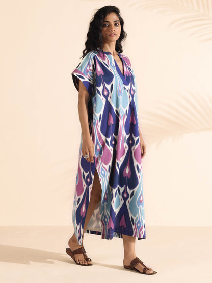 trueBrowns Blue Cotton Ikat Oversized Dress