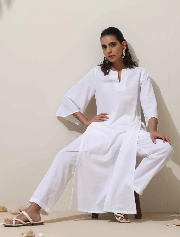 trueBrowns White Cotton Linen Kurta Pant Set