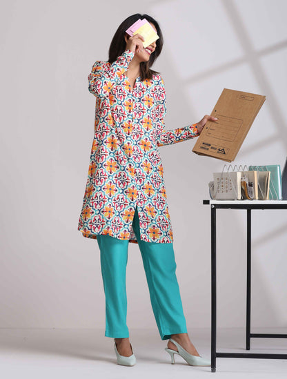 trueBrowns Off White Print Kurta Co-ord Set