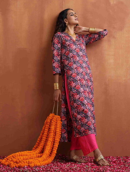 trueBrowns Pink Print High Slit Kurta Set