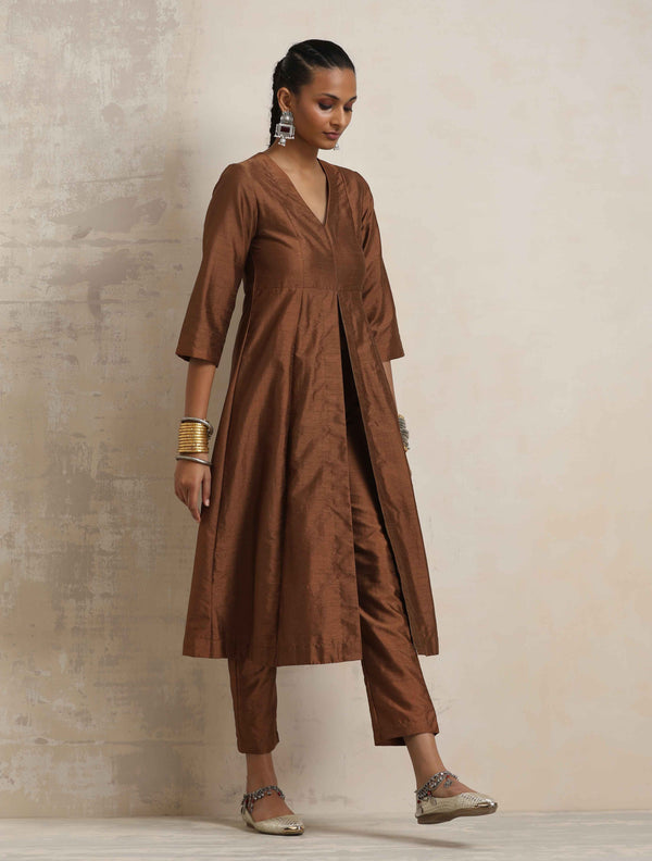 trueBrowns Brown Silk Slit Kurta Set