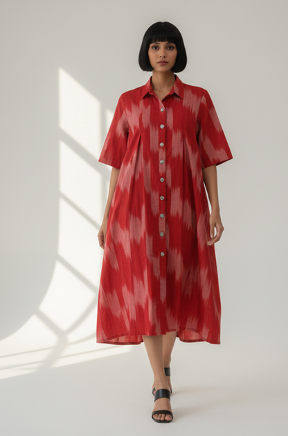 Maati  Ash Rose Cotton Ikat Box Pleat Button Down Shirt Dress