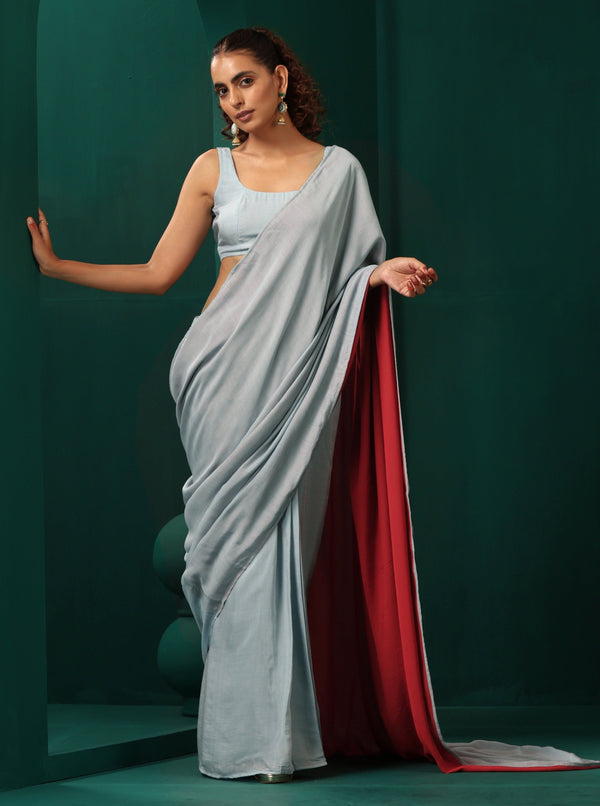 trueBrowns Powder Blue Muslin Silk Pre-Stitched Saree