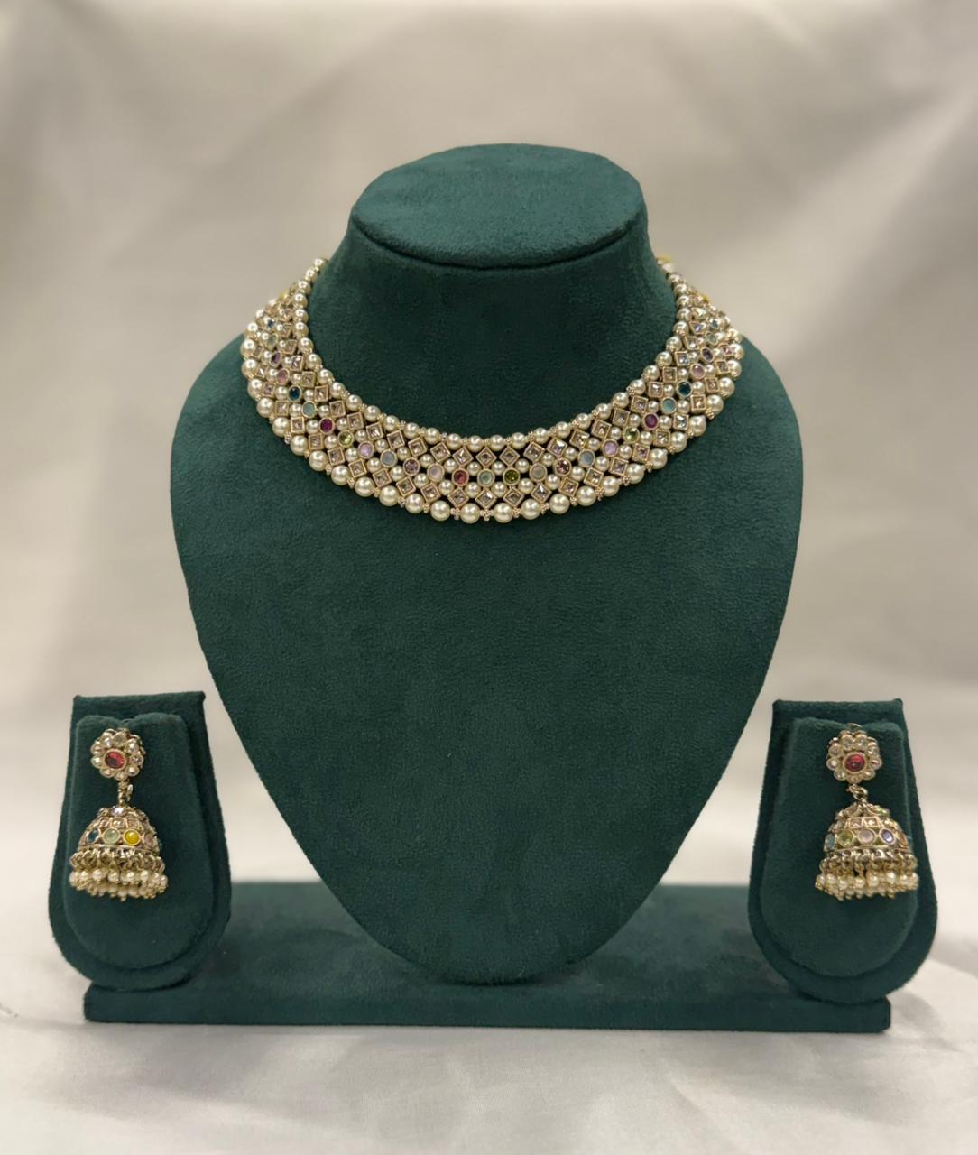 Royal Polki Design Pearl Choker Necklace Set with Jhumka Earrings