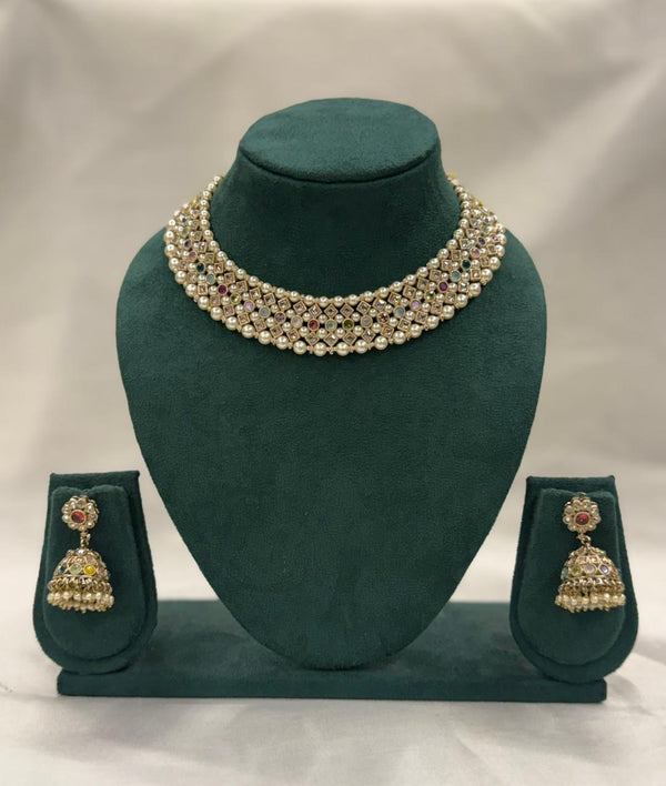 Royal Polki Design Pearl Choker Necklace Set with Jhumka Earrings