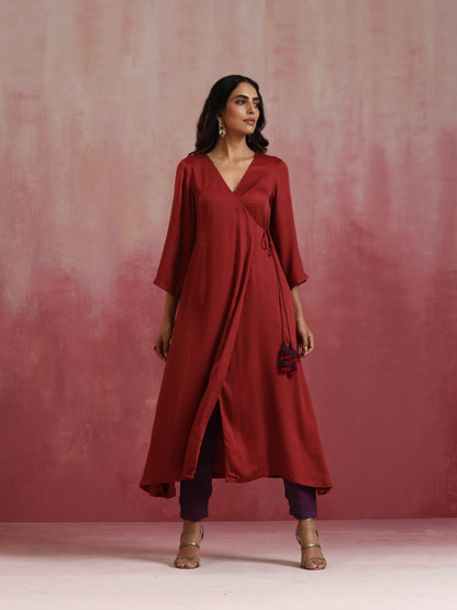 trueBrowns Maroon Modal Angrakha Kurta Set