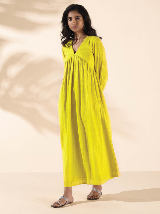 trueBrowns Lime Cotton Dobby Flared Dress