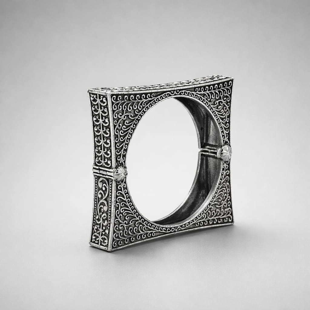Antique Oxidised Metal Square Statement Bangle with Threaded Screw Closure LP- 48Hr Delivery