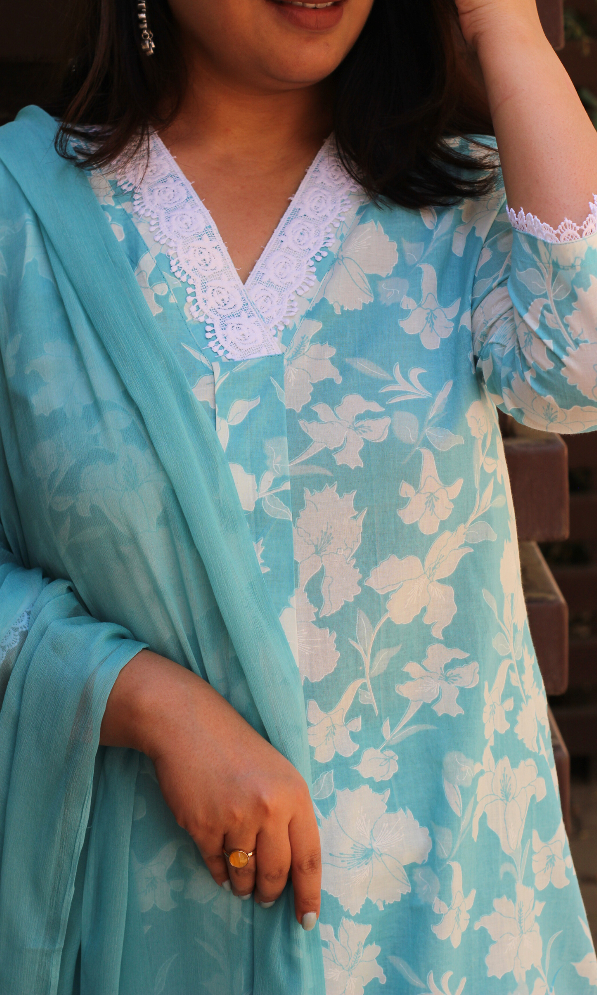 Baareeki Cotton Blue Botanika Printed Suit with Chiffon Dupatta