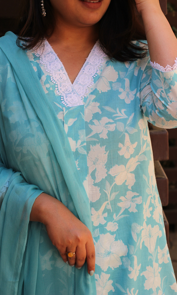 Baareeki Cotton Blue Botanika Printed Suit with Chiffon Dupatta