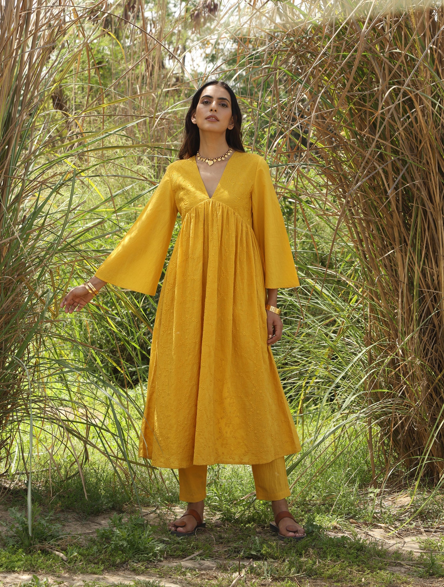 trueBrowns Mustard Cotton Embroidered Flared Kurta Set