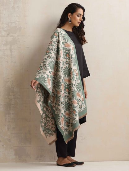 trueBrowns Green Floral Woven Reversible Stole