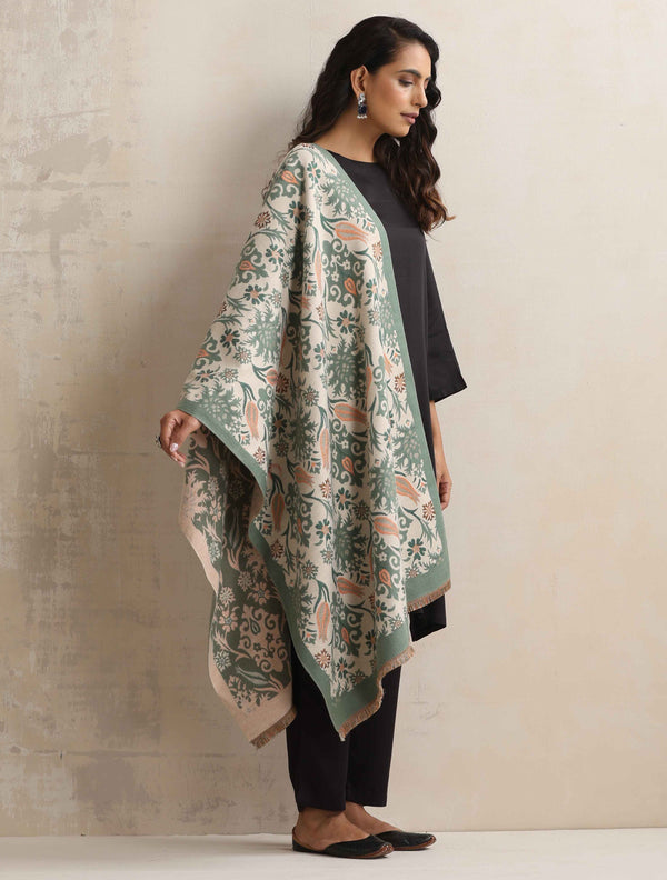 trueBrowns Green Floral Woven Reversible Stole