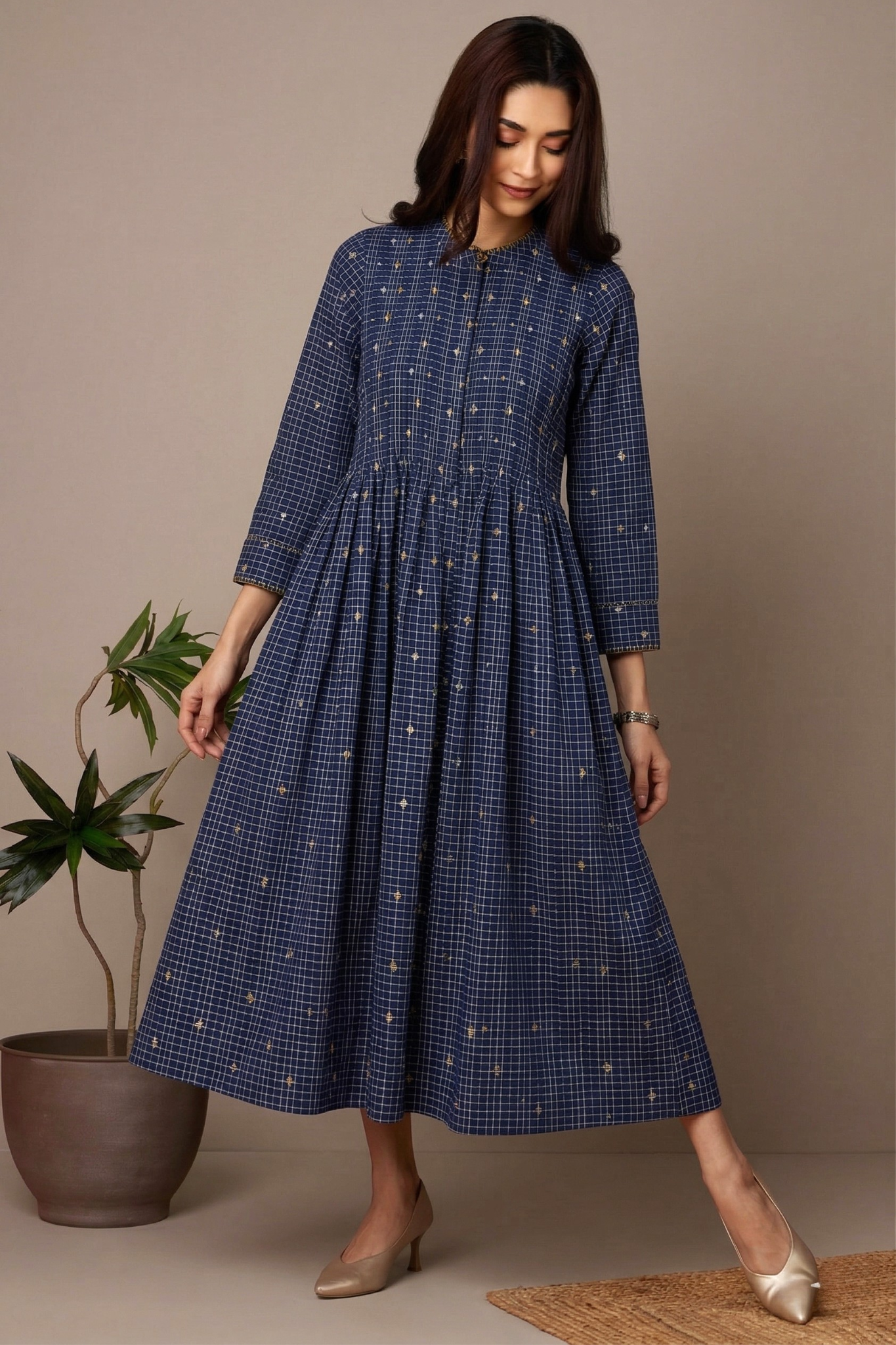 Moroccan Blue Butti Checks Cotton Infinity Pintuck Dress Mc