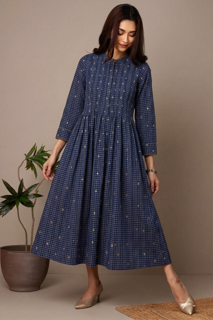 Moroccan Blue Butti Checks Cotton Infinity Pintuck Dress Mc