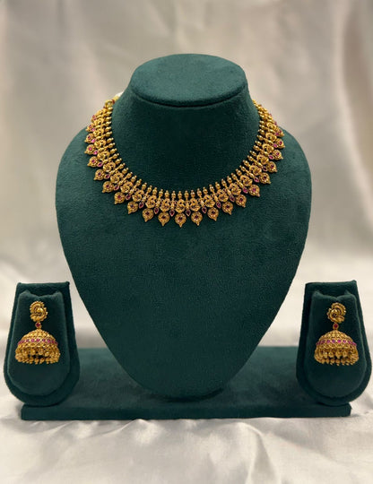 Antique Finish Premium Necklace Set with Red Stone Detailing