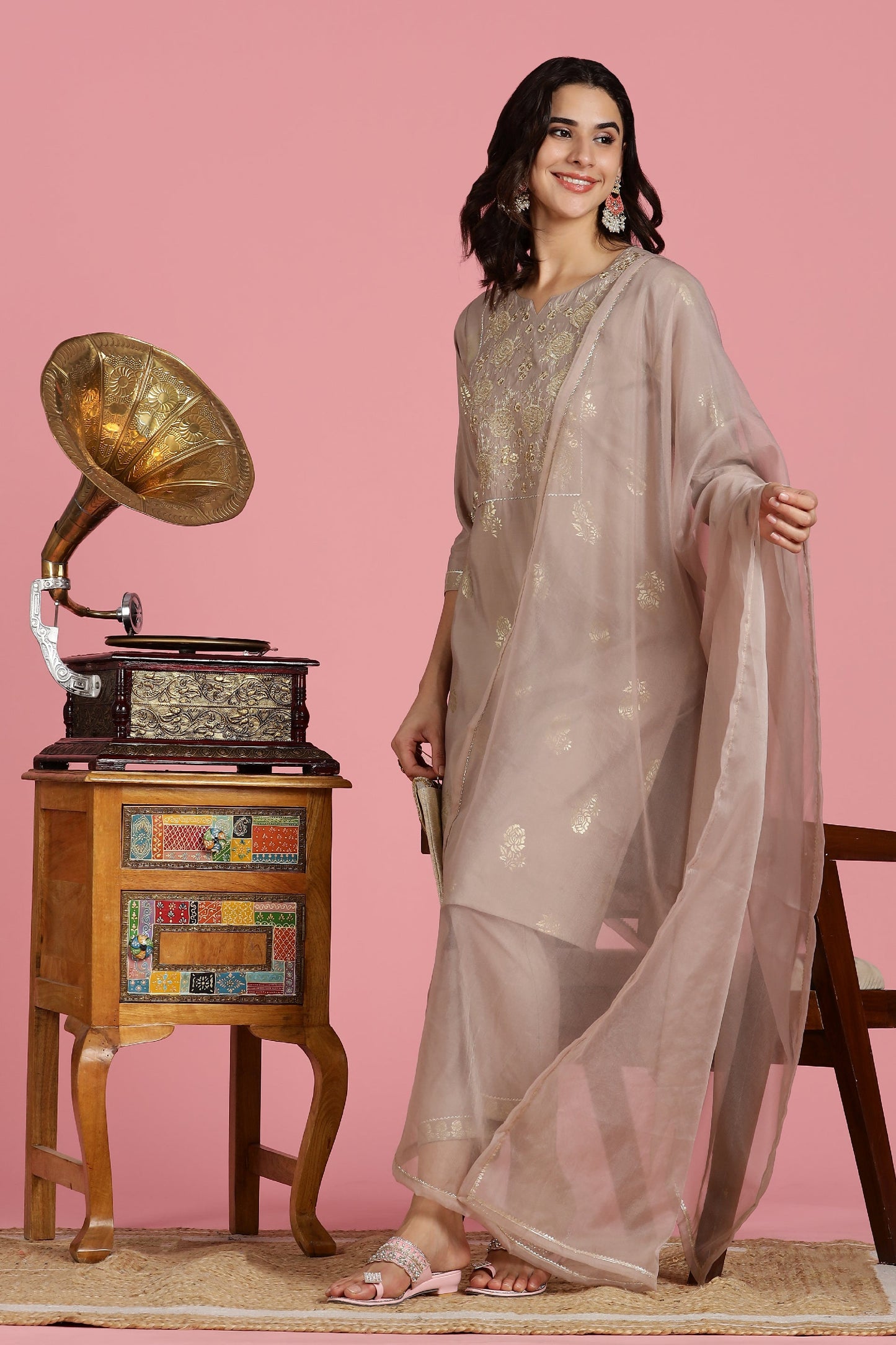 Mocha Mousse Modal Chanderi Embroidered Kurta,Pant and Chiffon Dupatta 3 PCS Set-LP