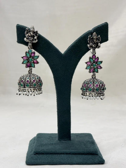Oxidized Silver Floral Jhumka Earrings with Turquoise & Pink Stones