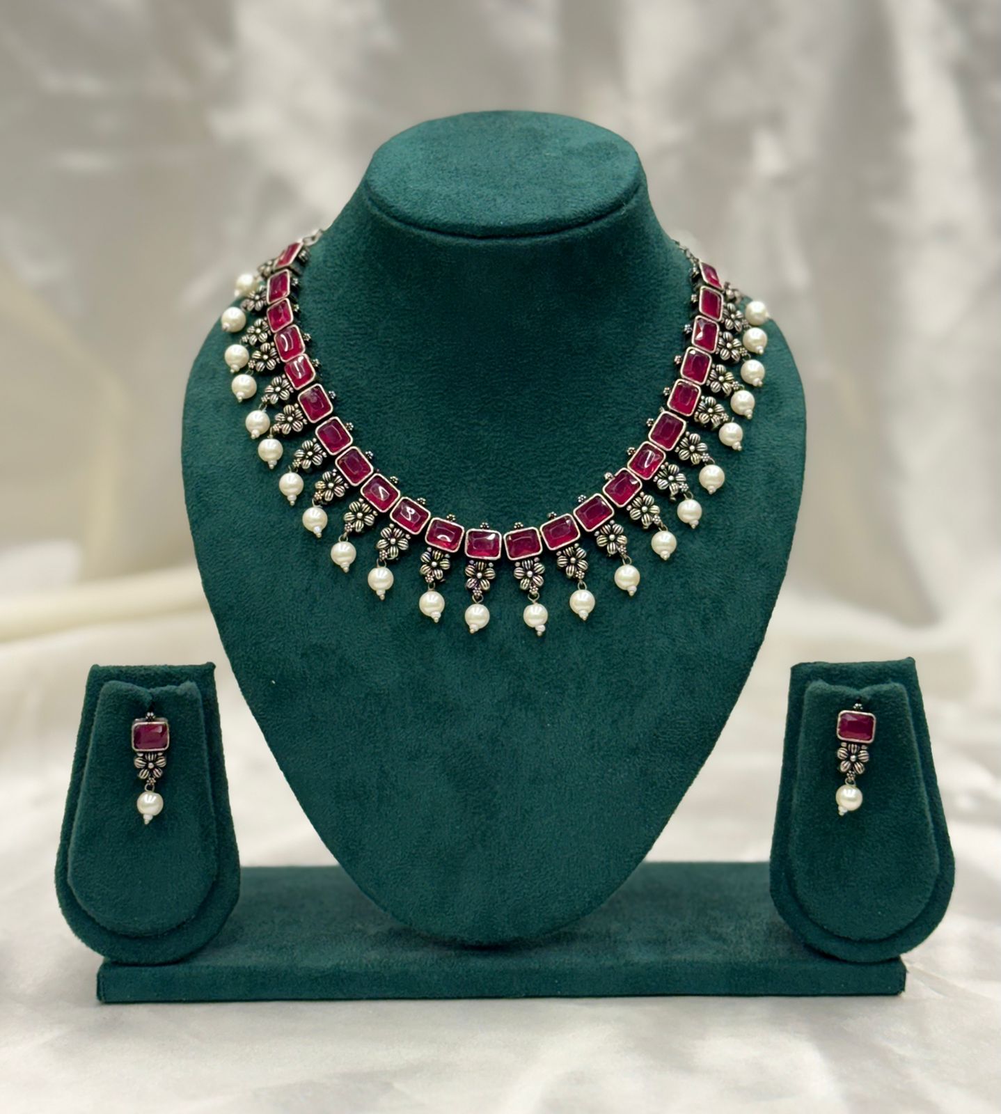 Royal Oxidised Metal Necklace Set with Stone Beads 3PC Set