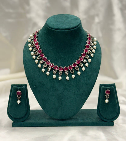 Royal Oxidised Metal Necklace Set with Stone Beads 3PC Set