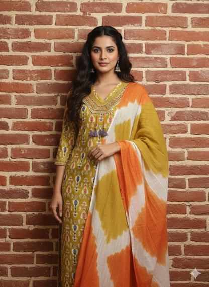 Mustard Yellow Ikat Printed Cotton Kurta Set with Dupatta (3PC) -LP