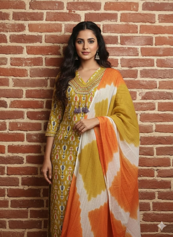 Mustard Yellow Ikat Printed Cotton Kurta Set with Dupatta (3PC) -LP