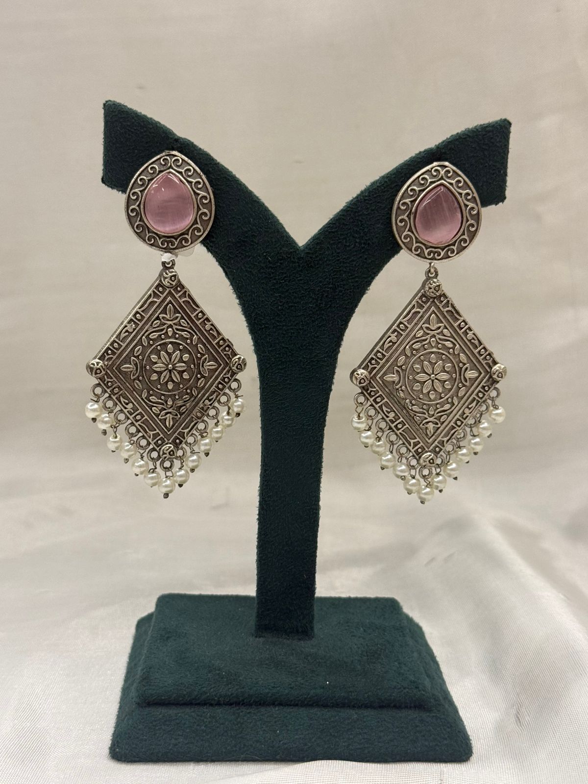 Oxidized Silver Teardrop Pink Stone Earrings with Pearl Fringe