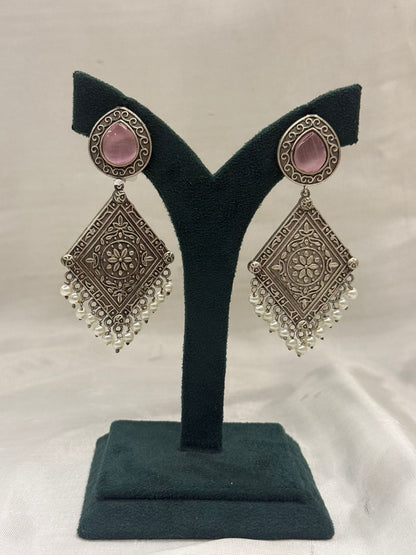 Oxidized Silver Teardrop Pink Stone Earrings with Pearl Fringe
