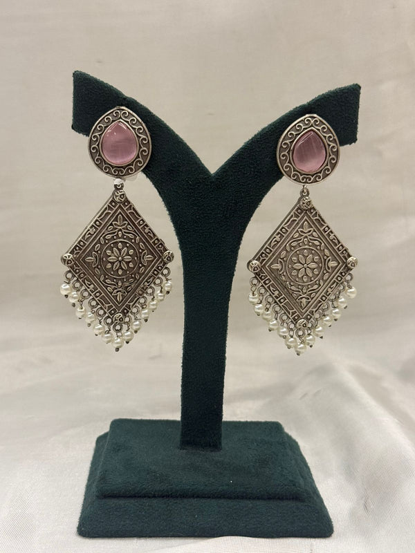 Oxidized Silver Teardrop Pink Stone Earrings with Pearl Fringe