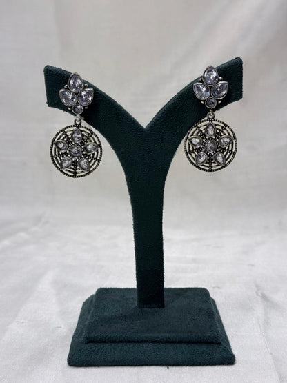 Polki Stone Oxidised Metal Circular Hanging Earrings