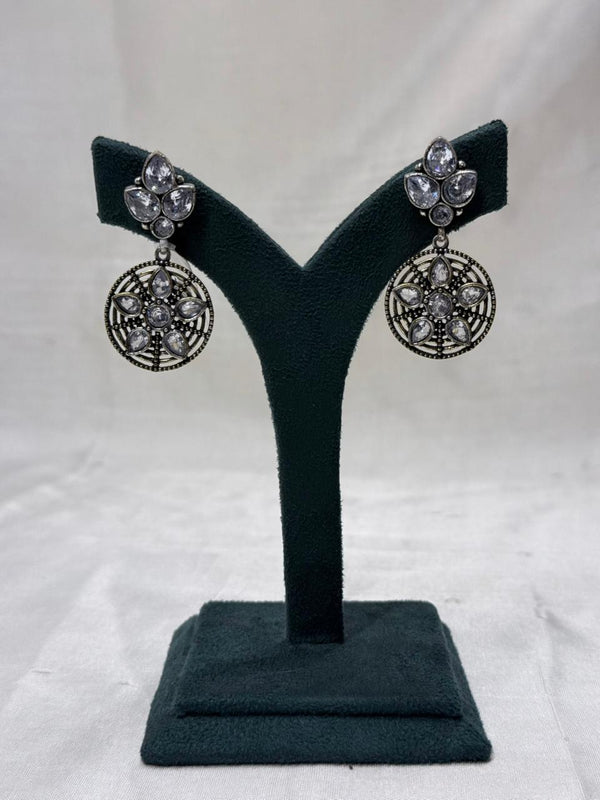 Polki Stone Oxidised Metal Circular Hanging Earrings