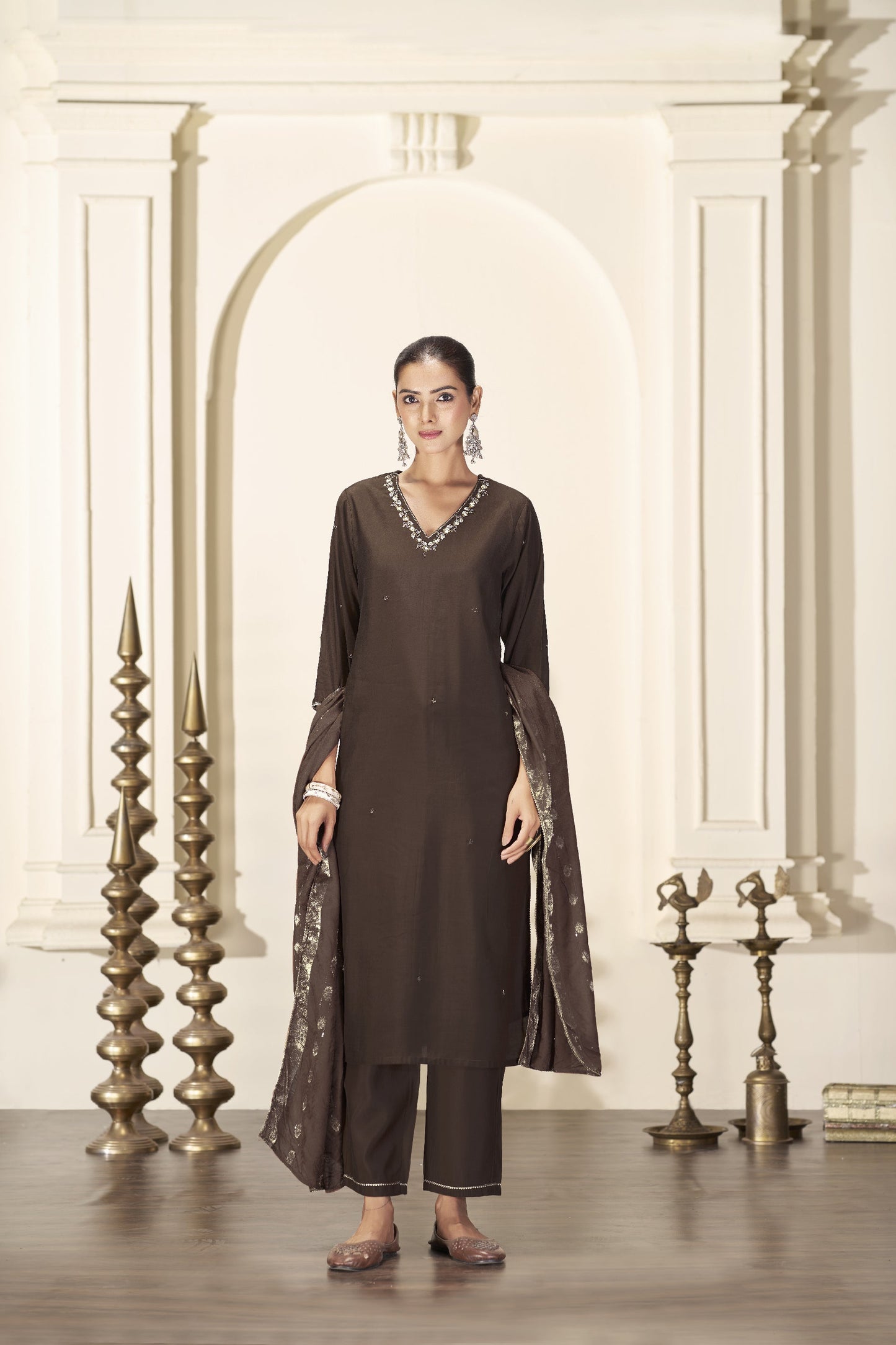 Brown Silk Kurta,Pant and Dupatta 3PCS Set - LP
