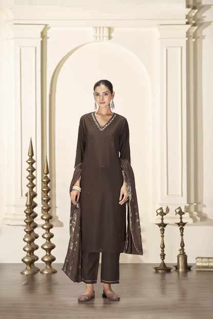 Brown Silk Kurta,Pant and Dupatta 3PCS Set - LP