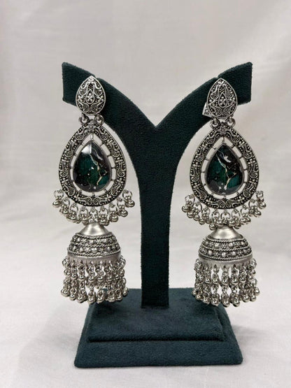 Oxidized Silver Teardrop & Jhumka Drop Earrings Emerald Green
